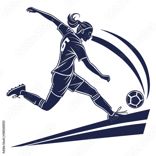 Woman soccer player kicking ball with abstract speed lines