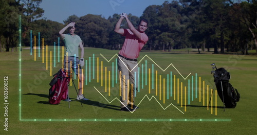 Canvastavla Swinging golfer holding club wearing red polo on fairway, with partner shielding