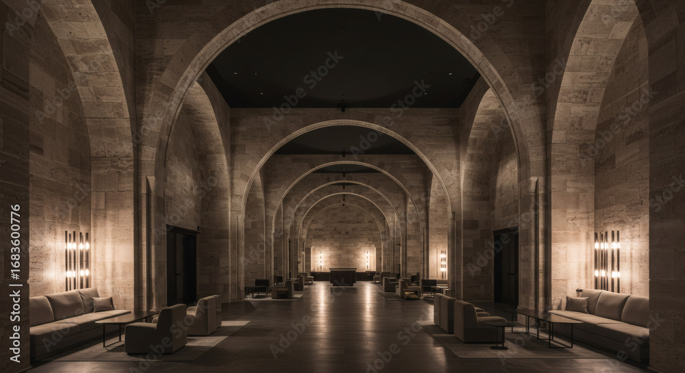 Fototapeta premium An empty, high-end boutique hotel lobby featuring bold architectural arches, natural stone textures, and minimalist furniture under dramatic, sculptural lighting
