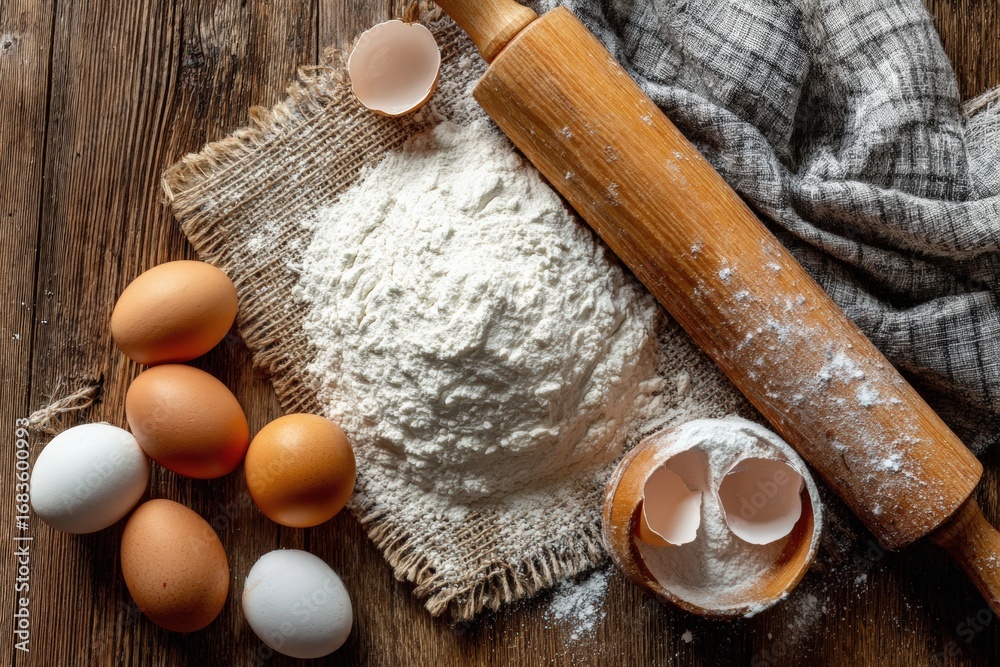 Fototapeta premium Flour, eggs, and rolling pin on rustic wooden table (1)