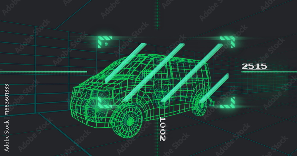 Fototapeta premium Displaying neon green 3D wireframe passenger van rotating in grid interface, featuring HUD brackets