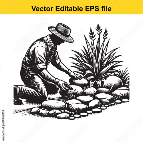Gardener arranging rocks in a garden, vector illustration