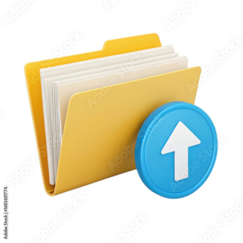 Yellow folder with documents and upload icon isolated on white background