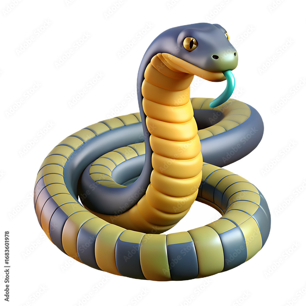 Fototapeta premium A captivating 3d rendering showcases a snake with a striking blue and yellow color scheme, its body coiled and head raised, isolated on transparent background