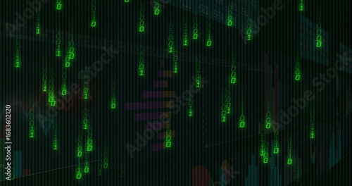 Displaying green binary streams on digital dashboard, with bar graphs, line charts, grid overlay