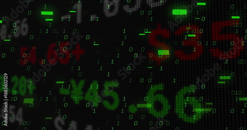 Displaying +45 cluster streaming green binary digits on dark pixel grid display, with red figures