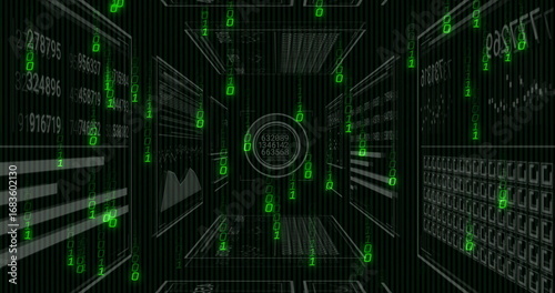 Displaying circular holographic gauge showing numeric data inside data corridor with binary streams