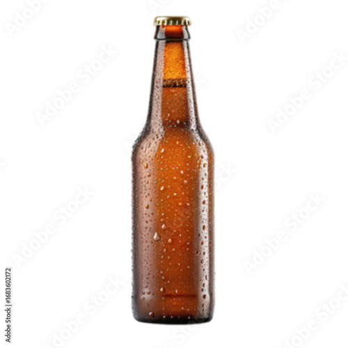 Amber glass beer bottle with water droplets isolated on white background