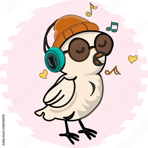 Bird with big headphones singing a melody