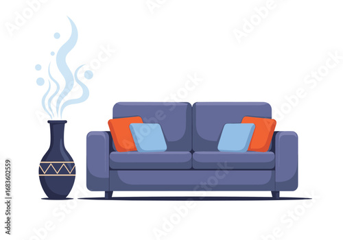 Cozy living room sofa with decorative vase emitting gentle blue steam creating a relaxing ambiance