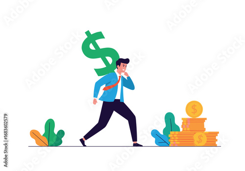 A determined businessman carries a large dollar sign while navigating financial challenges ahead