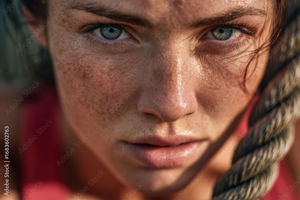 Obraz premium A fit woman in black sportswear works out intensely with battle ropes, highlighting strength, endurance, and determination in a gym setting.