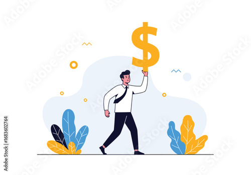 Man holding golden dollar sign high up in the air for financial success and growth