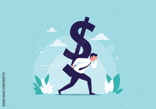 Man carrying heavy dollar symbol on his back working hard for financial success and wealth accumulation