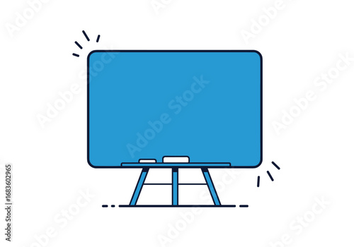 Blank blue whiteboard on an easel with markers and eraser ready for teaching and learning activities