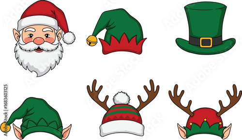 Christmas photo booth props set, festive hats and antlers, Santa mask, elf ears, holiday accessories, costume party props
