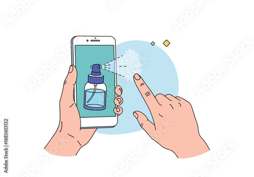Smartphone sterilization hygiene practice using antiseptic spray for digital device cleaning safety measures