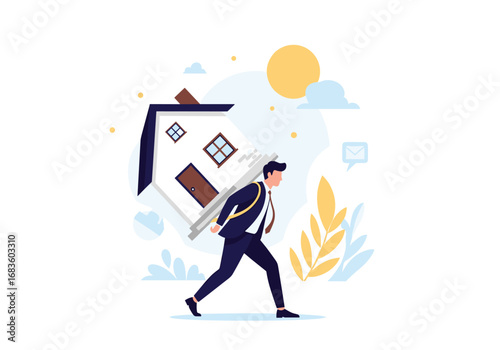 Man carrying heavy house burden on his back demonstrating financial strain and homeownership challenges
