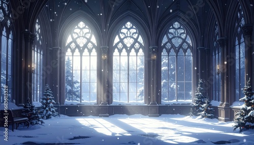 Snowy, sunlit cathedral hall with Christmas decorations