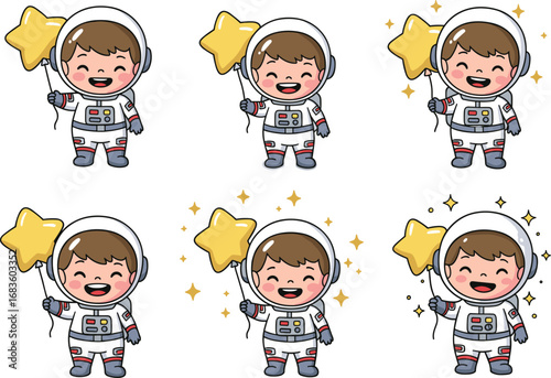 Cute cartoon astronaut kids, holding star balloons, space suits collection, smiling children characters, cosmic illustration, vector clipart, space adventure
