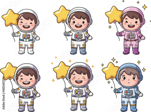 Cute cartoon astronaut kids, holding star balloons, space suits collection, smiling children characters, cosmic illustration, vector clipart, space adventure