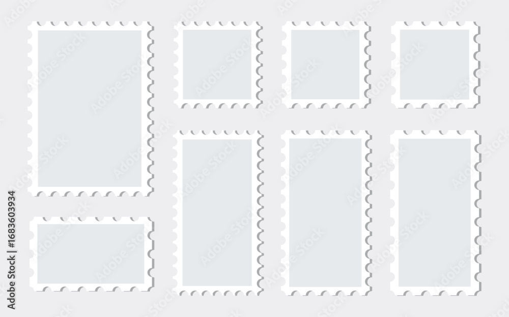 Fototapeta premium Postage stamps borders vector set. Mockup postage stamps with shadow. Realistic trendy post stamps set.