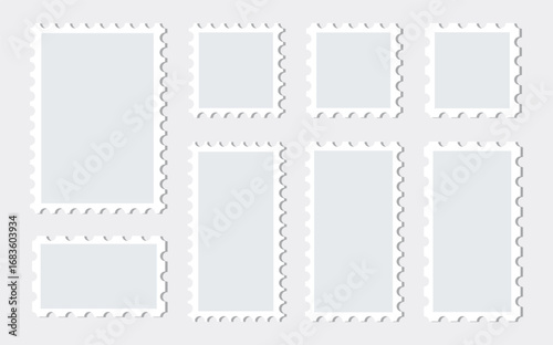 Postage stamps borders vector set. Mockup postage stamps with shadow. Realistic trendy post stamps set. 