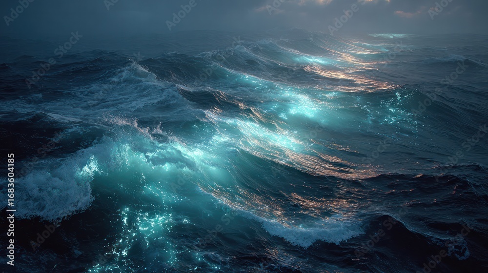 Fototapeta premium Tectonic forces revealed through glowing underwater cracks beneath the deep blue ocean waves