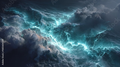 Mysterious ocean depths with glowing fissures beneath the surface, suggesting volcanic forces