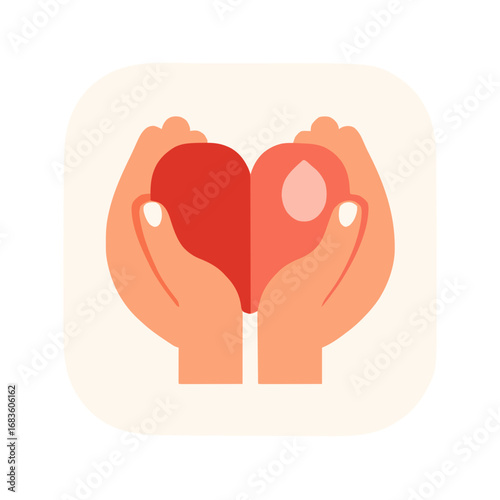 A minimal flat vector illustration depicting two hands gently holding a red heart, symbolizing care, love, support, charity, and compassion, ideal for themes related to healthcare and volunteering.
