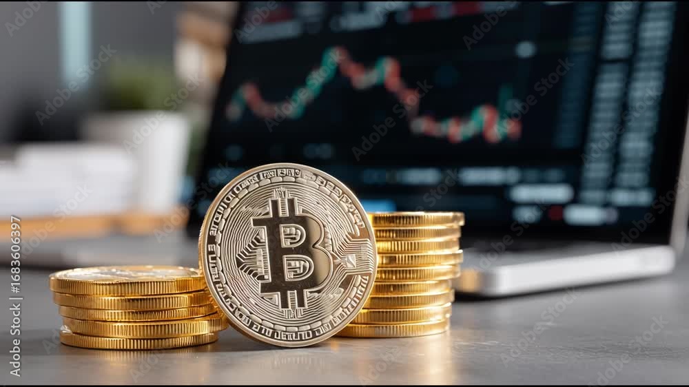 Golden bitcoin crypto coins with laptop displaying trading chart. Cryptocurrency investment and digital money concept footage.