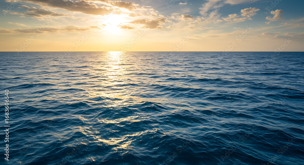 Fototapeta premium The sun shines brightly over a calm blue ocean with small waves under a partly cloudy sky at sunset.