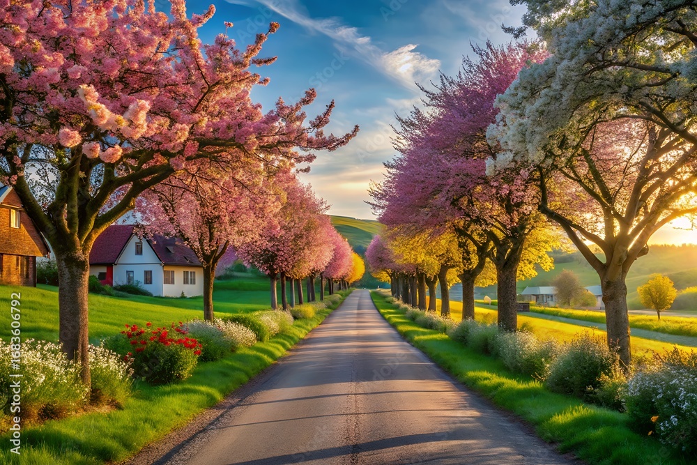 Naklejka premium Idyllic spring lane lined with blooming cherry blossom trees