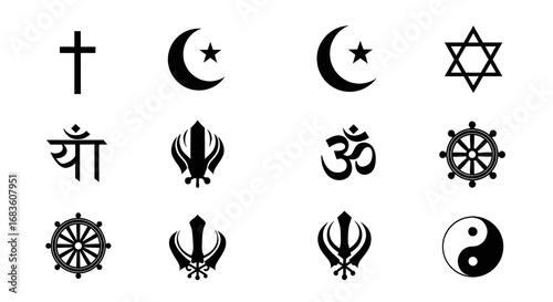 A collection of black and white icons representing various world religions and spiritual traditions on a white background.