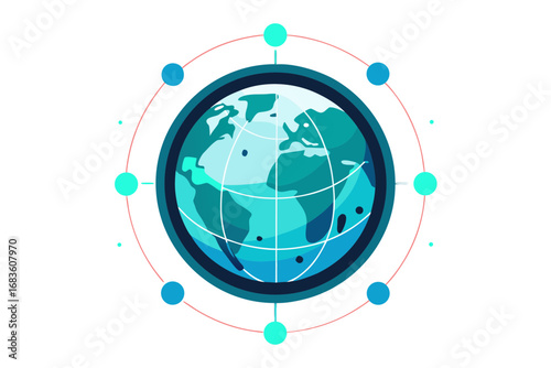 Futuristic globe with orbital ring and digital nodes represents global network connectivity and technology