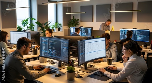 Team of professionals working collaboratively in a modern office environment with multiple computer screens displaying data