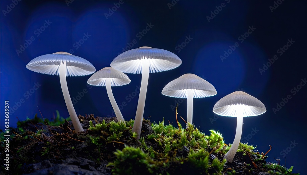 Fototapeta premium Glowing mushrooms on mossy ground at night