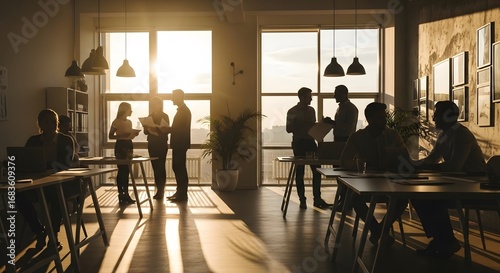Silhouettes of colleagues collaborating and conversing in a bright modern workspace with large windows at sunset