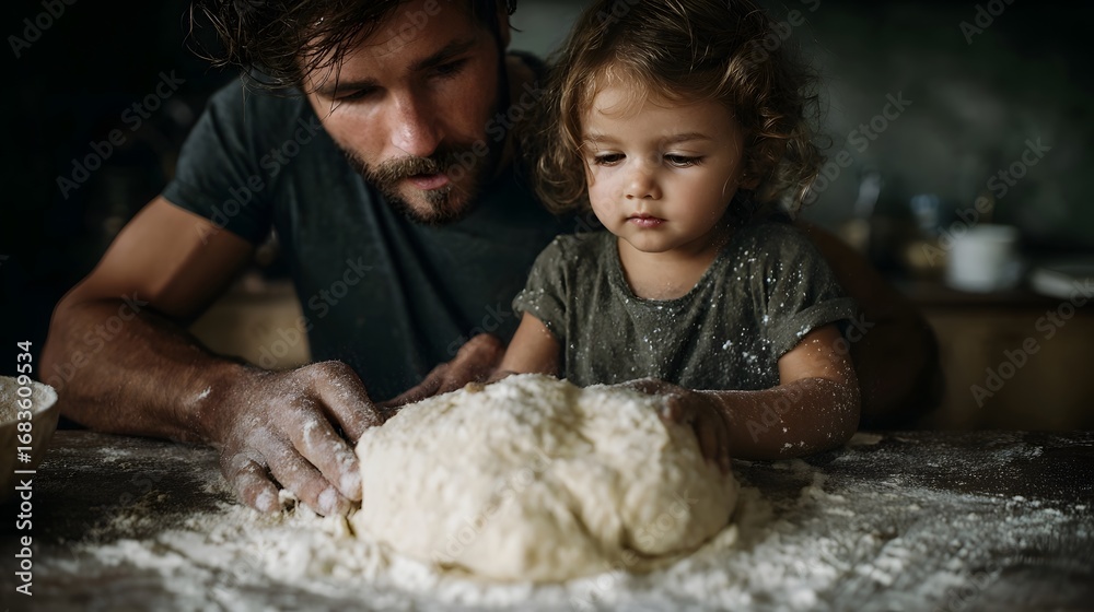 Obraz premium Father and child s hands covered in flour kneading dough together on a rustic kitchen table sharing a sweet moment of family bonding