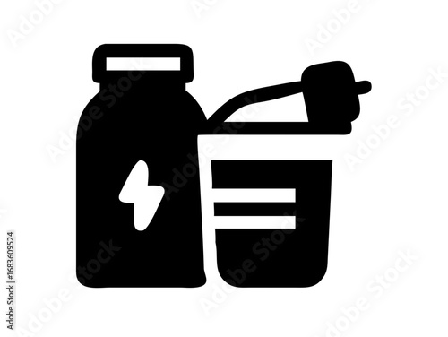 Black graphic of a protein powder container with a lightning bolt and a shaker cup with a lid