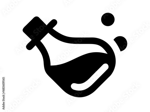 Black silhouette of a potion bottle with a stopper and two floating bubbles on a white background