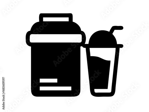 Black silhouette of a protein shaker bottle and a drink cup with a straw on a white background