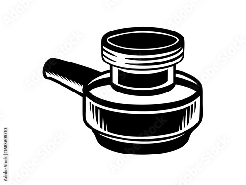 Illustration of a black and white inkwell with a cylindrical body and a side spout feature design