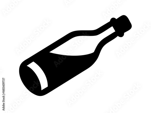 Illustration of a black bottle with a cork stopper lying on its side with liquid inside it shown