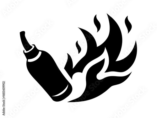 Illustration of a black hot sauce bottle engulfed in flames on a white background design element