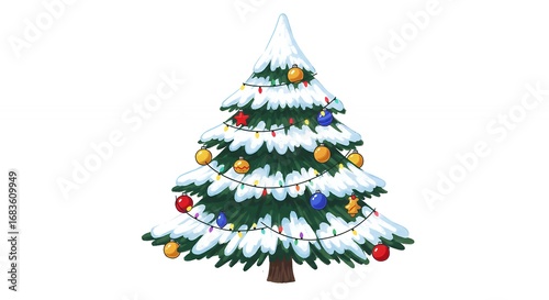 Christmas tree illustration with ornaments and lights