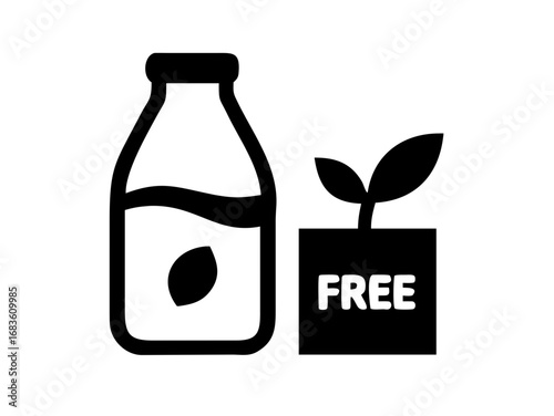 Illustration of a bottle with a seed inside and a plant in a pot labeled free on a white background