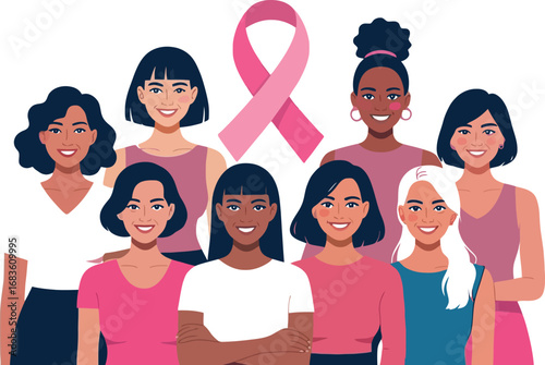 Diverse group of women united in support of breast cancer awareness and hope