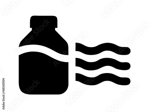 Illustration of a bottle with liquid and three wavy lines emanating from the bottle side view