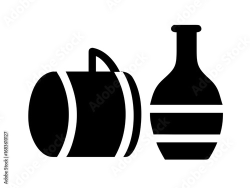 Illustration of a cylindrical duffel bag with a handle and a striped vase on a white background design